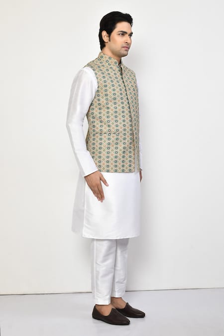 Buy_Arihant Rai Sinha_White , Satin Geometric Bloom Print Bundi Kurta Set 