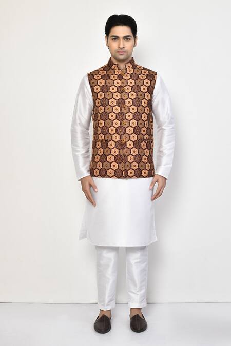 Buy_Arihant Rai Sinha_Brown Cotton, Silk Hexagon Fleur Print Bundi Kurta Set_Online_at_Aza_Fashions