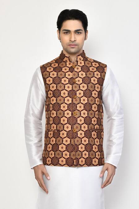 Shop Arihant Rai Sinha Brown Cotton, Silk Hexagon Fleur Print Bundi Kurta Set Online at Aza Fashions Shop_Arihant Rai Sinha_Brown Cotton, Silk Hexagon Fleur Print Bundi Kurta Set_Online_at_Aza_Fashions