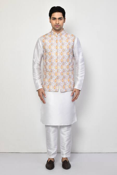 Buy_Arihant Rai Sinha_White Cotton, Silk Embroidery Leaflet Motif Bundi Kurta Set _Online_at_Aza_Fashions