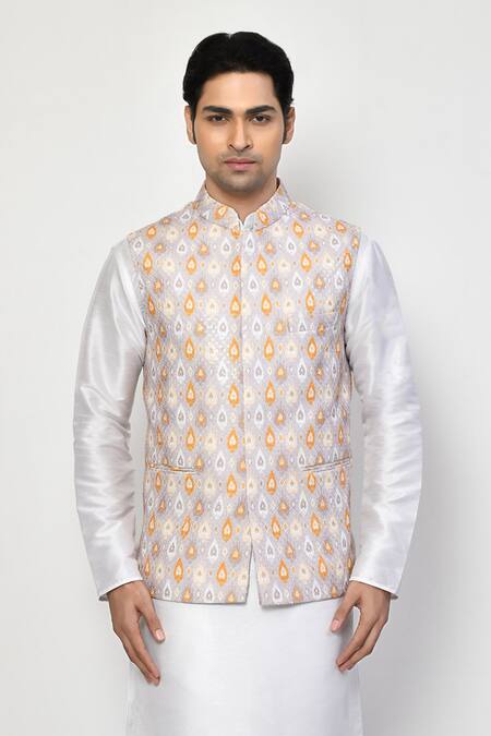 Shop Arihant Rai Sinha White Cotton, Silk Embroidery Leaflet Motif Bundi Kurta Set Online at Aza Fashions Shop_Arihant Rai Sinha_White Cotton, Silk Embroidery Leaflet Motif Bundi Kurta Set _Online_at_Aza_Fashions