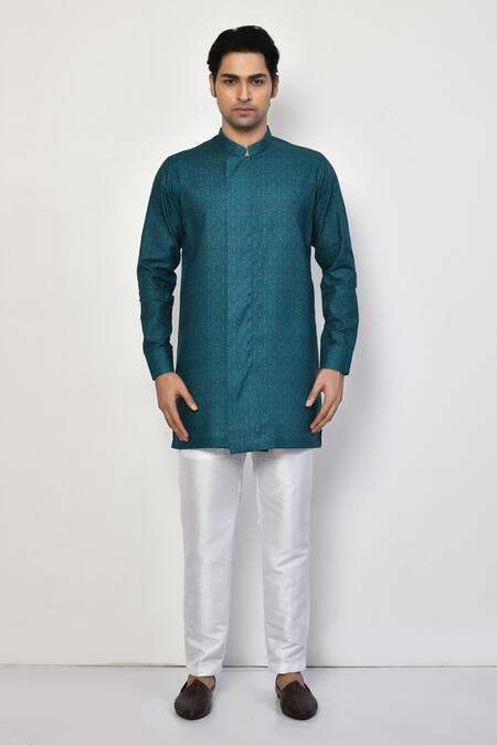 Buy_Arihant Rai Sinha_Blue Silk, Cotton Embroidery Gardenia Print Short Kurta With Pant_Online_at_Aza_Fashions