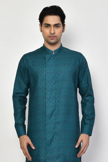Shop Arihant Rai Sinha Blue Silk, Cotton Embroidery Gardenia Print Short Kurta With Pant Online at Aza Fashions Shop_Arihant Rai Sinha_Blue Silk, Cotton Embroidery Gardenia Print Short Kurta With Pant_Online_at_Aza_Fashions