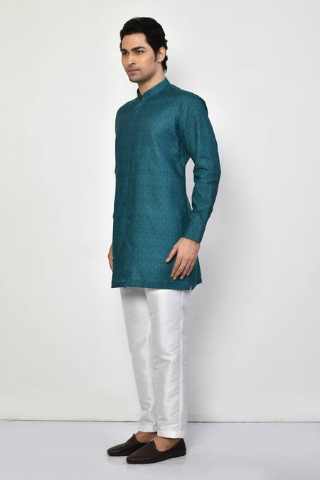 Arihant Rai Sinha_Blue Silk, Cotton Embroidery Gardenia Print Short Kurta With Pant_at_Aza_Fashions