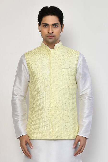 Shop_Arihant Rai Sinha_Cream , Silk, Satin Sequins Splatter Bundi Kurta Set _Online_at_Aza_Fashions