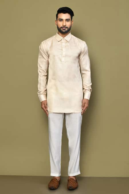 Buy_Arihant Rai Sinha_Beige Satin, Cotton Embroidery Fleur Garden Print Collared Short Kurta With Pant _Online_at_Aza_Fashions