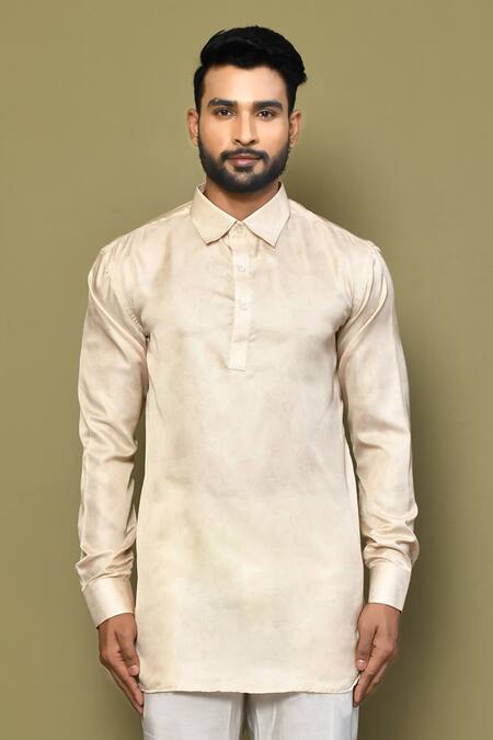 Shop Arihant Rai Sinha Beige Satin, Cotton Embroidery Fleur Garden Print Collared Short Kurta With Pant Online at Aza Fashions Shop_Arihant Rai Sinha_Beige Satin, Cotton Embroidery Fleur Garden Print Collared Short Kurta With Pant _Online_at_Aza_Fashions