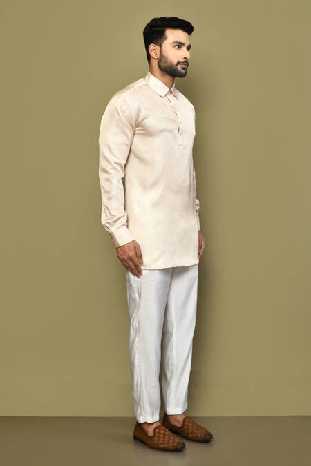 Arihant Rai Sinha_Beige Satin, Cotton Embroidery Fleur Garden Print Collared Short Kurta With Pant _at_Aza_Fashions