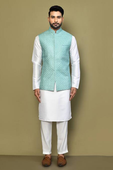 Buy_Arihant Rai Sinha_Blue Cotton, Silk Sequins Fleur Jaal Bundi Kurta Set _Online_at_Aza_Fashions