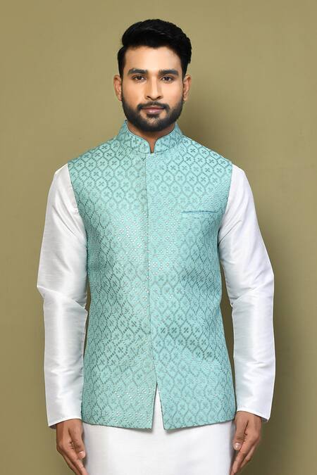 Shop_Arihant Rai Sinha_Blue Cotton, Silk Sequins Fleur Jaal Bundi Kurta Set _Online_at_Aza_Fashions