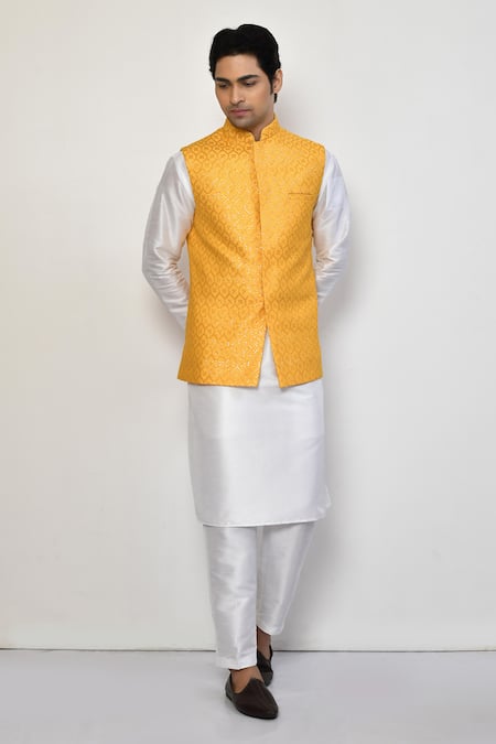 Arihant Rai Sinha Yellow Cotton, Silk Sequins Embroidered Bundi Kurta Set 