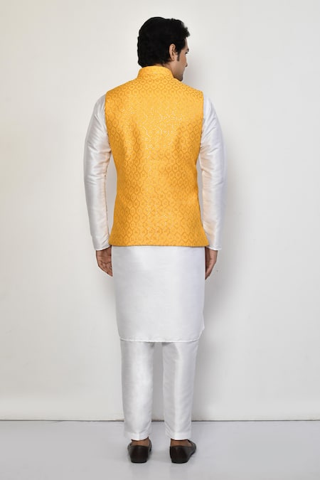 Shop_Arihant Rai Sinha_Yellow Cotton, Silk Sequins Embroidered Bundi Kurta Set _at_Aza_Fashions