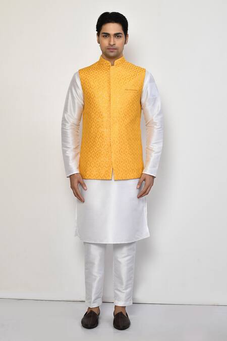 Buy_Arihant Rai Sinha_Yellow Cotton, Silk Sequins Embroidered Bundi Kurta Set _Online_at_Aza_Fashions