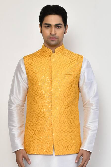 Shop Arihant Rai Sinha Yellow Cotton, Silk Sequins Embroidered Bundi Kurta Set Online at Aza Fashions Shop_Arihant Rai Sinha_Yellow Cotton, Silk Sequins Embroidered Bundi Kurta Set _Online_at_Aza_Fashions