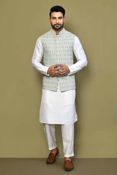 Arihant Rai Sinha Gray Cotton, Silk Embroidery Floral Art Print Bundi Kurta Set 