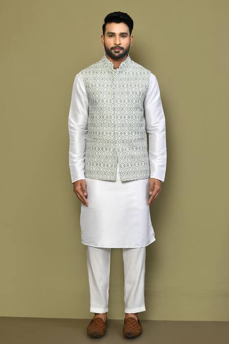 Buy_Arihant Rai Sinha_Gray Cotton, Silk Embroidery Floral Art Print Bundi Kurta Set _Online_at_Aza_Fashions