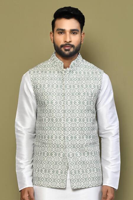 Shop_Arihant Rai Sinha_Gray Cotton, Silk Embroidery Floral Art Print Bundi Kurta Set _Online_at_Aza_Fashions