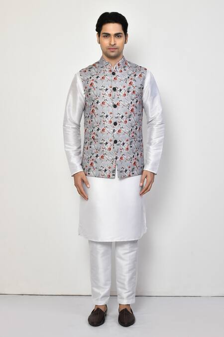 Buy_Arihant Rai Sinha_Gray , Satin Embroidery Spring Blossom Bundi Kurta Set _Online_at_Aza_Fashions