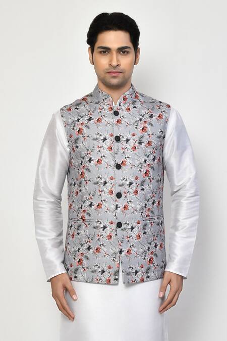 Shop Arihant Rai Sinha Gray , Satin Embroidery Spring Blossom Bundi Kurta Set Online at Aza Fashions Shop_Arihant Rai Sinha_Gray , Satin Embroidery Spring Blossom Bundi Kurta Set _Online_at_Aza_Fashions