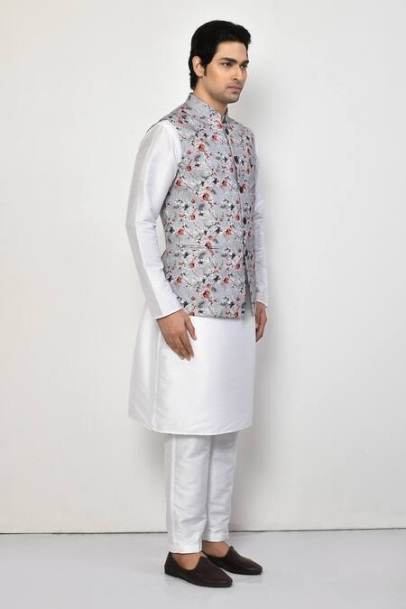 Arihant Rai Sinha_Gray , Satin Embroidery Spring Blossom Bundi Kurta Set _at_Aza_Fashions