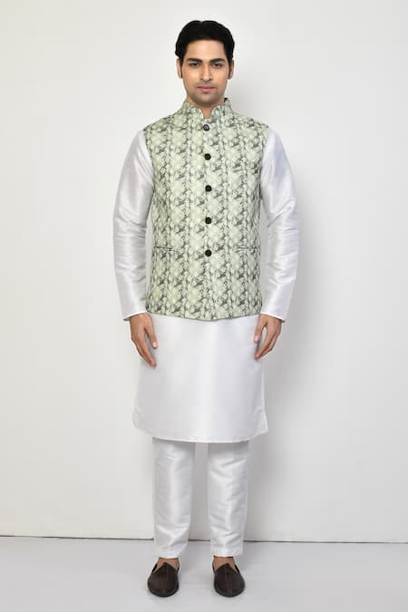 Buy_Arihant Rai Sinha_Green Cotton Trellis Pattern Bundi Kurta Set_Online_at_Aza_Fashions