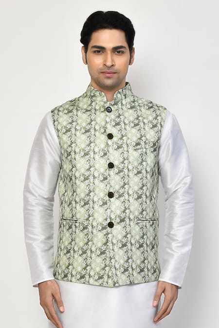 Shop_Arihant Rai Sinha_Green Cotton Trellis Pattern Bundi Kurta Set_Online_at_Aza_Fashions