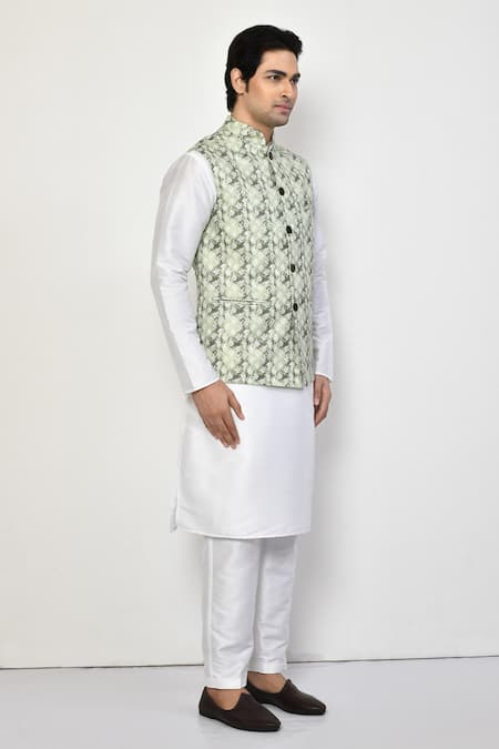 Arihant Rai Sinha_Green Cotton Trellis Pattern Bundi Kurta Set_at_Aza_Fashions