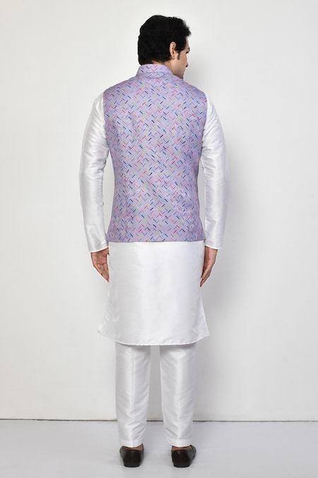 Shop_Arihant Rai Sinha_Purple Cotton, Linen Herringbone Bundi Kurta Set _at_Aza_Fashions
