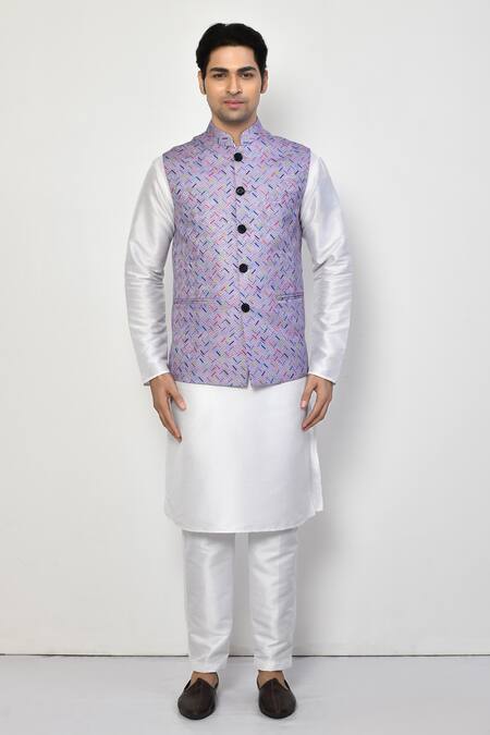 Buy_Arihant Rai Sinha_Purple Cotton, Linen Herringbone Bundi Kurta Set _Online_at_Aza_Fashions