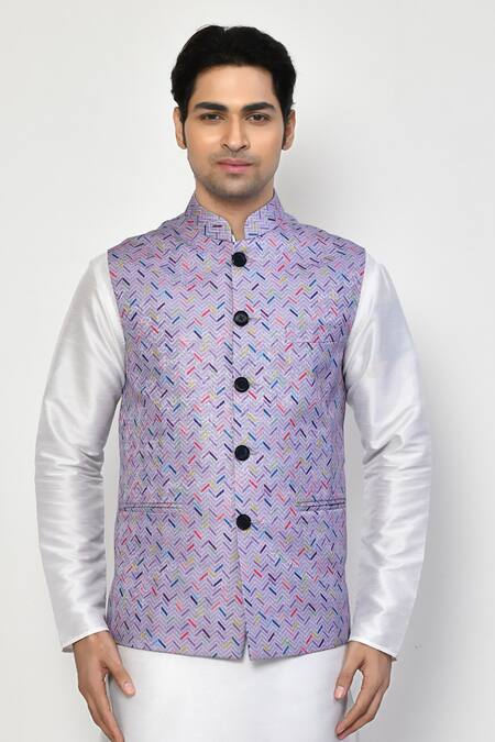 Shop_Arihant Rai Sinha_Purple Cotton, Linen Herringbone Bundi Kurta Set _Online_at_Aza_Fashions