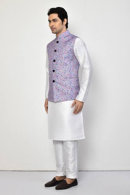 Arihant Rai Sinha_Purple Cotton, Linen Herringbone Bundi Kurta Set _at_Aza_Fashions