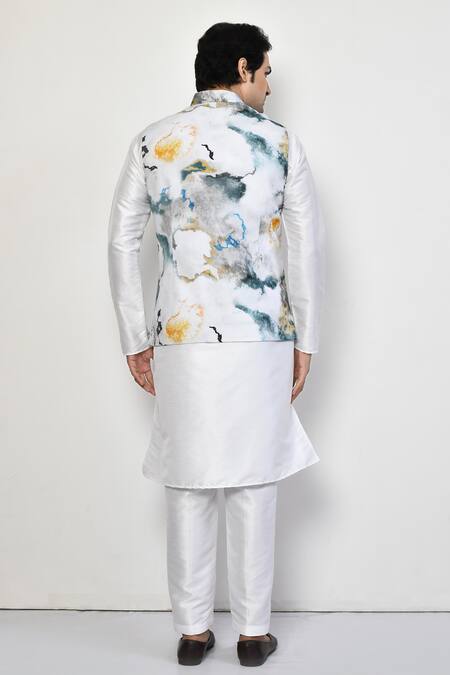 Shop_Arihant Rai Sinha_White , Satin Marble Galaxy Print Bundi Kurta Set_at_Aza_Fashions