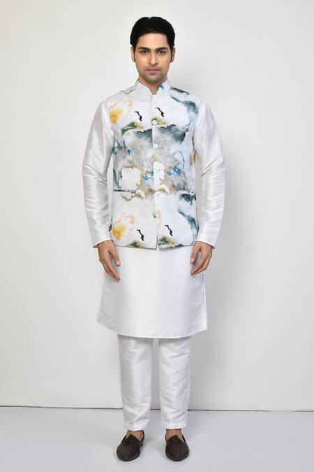Buy_Arihant Rai Sinha_White , Satin Marble Galaxy Print Bundi Kurta Set_Online_at_Aza_Fashions