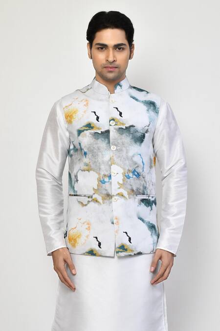 Shop Arihant Rai Sinha White , Satin Marble Galaxy Print Bundi Kurta Set Online at Aza Fashions Shop_Arihant Rai Sinha_White , Satin Marble Galaxy Print Bundi Kurta Set_Online_at_Aza_Fashions