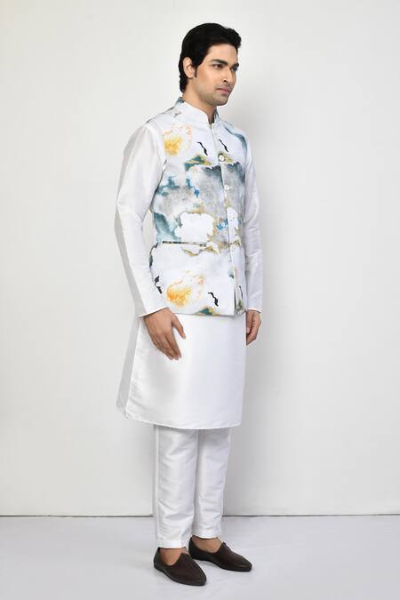 Arihant Rai Sinha_White , Satin Marble Galaxy Print Bundi Kurta Set_at_Aza_Fashions