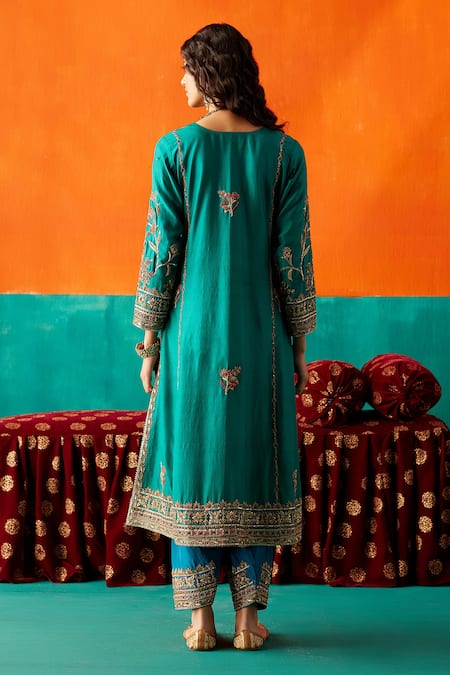 Shop Aman Takyar Green Organza, Silk, Denim Cut Work, Sequins, Beads, Zardozi Kurta Pant Set at Aza Fashions Shop_Aman Takyar_Green Organza, Silk, Denim Cut Work, Sequins, Beads, Zardozi Kurta Pant Set _at_Aza_Fashions