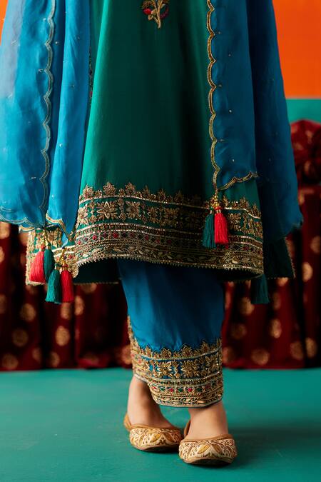 Aman Takyar Green Organza, Silk, Denim Cut Work, Sequins, Beads, Zardozi Kurta Pant Set Online at Aza Fashions Aman Takyar_Green Organza, Silk, Denim Cut Work, Sequins, Beads, Zardozi Kurta Pant Set _Online_at_Aza_Fashions