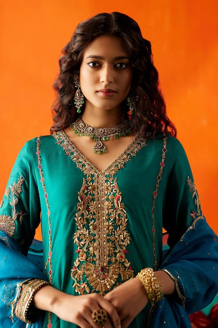 Buy Aman Takyar Green Organza, Silk, Denim Cut Work, Sequins, Beads, Zardozi Kurta Pant Set Online at Aza Fashions Buy_Aman Takyar_Green Organza, Silk, Denim Cut Work, Sequins, Beads, Zardozi Kurta Pant Set _Online_at_Aza_Fashions