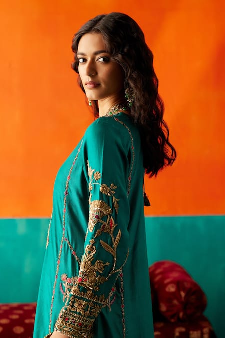 Shop Aman Takyar Green Organza, Silk, Denim Cut Work, Sequins, Beads, Zardozi Kurta Pant Set Online at Aza Fashions Shop_Aman Takyar_Green Organza, Silk, Denim Cut Work, Sequins, Beads, Zardozi Kurta Pant Set _Online_at_Aza_Fashions