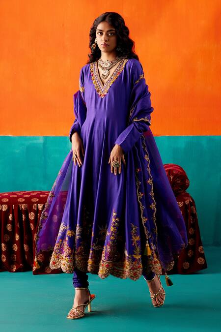 Buy_Aman Takyar_Purple Organza, Silk Sequins, Tassels, Embroidery Flora And Fauna Anarkali Set _Online_at_Aza_Fashions