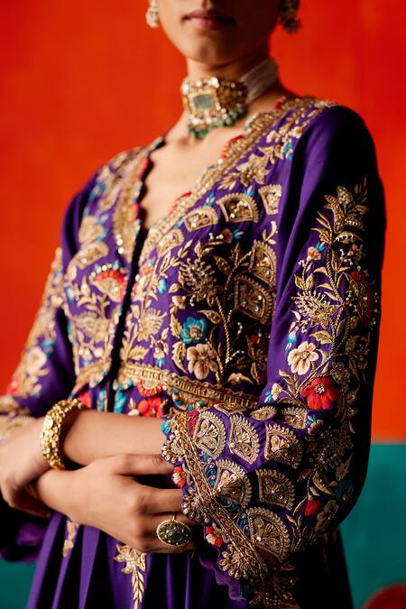 Shop_Aman Takyar_Purple Organza, Silk Beads, Sequins, Zari V-neck Hand Embroidered Anarkali Set _Online_at_Aza_Fashions