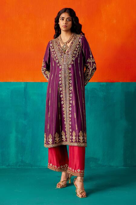 Shop_Aman Takyar_Wine Organza, Silk Zari, Sequins, Beads, Cut Work, Floral Hand Kurta Set _Online_at_Aza_Fashions