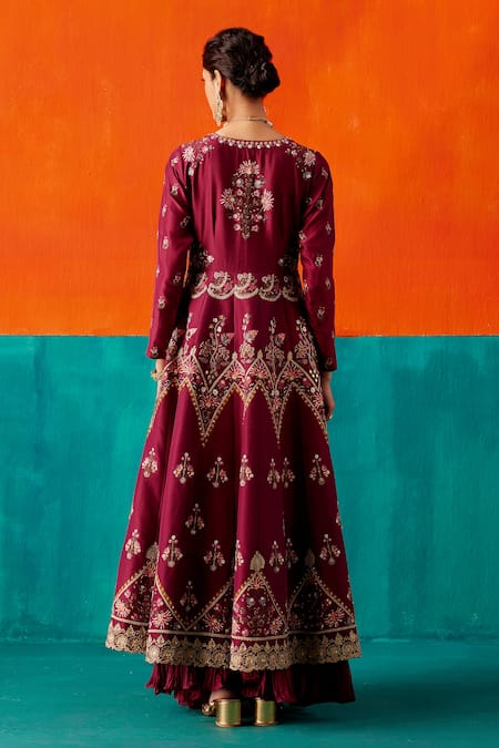 Shop_Aman Takyar_Wine Organza, Silk Zari, Sequins, Beads Round Floral Embroidered Anarkali Set _at_Aza_Fashions
