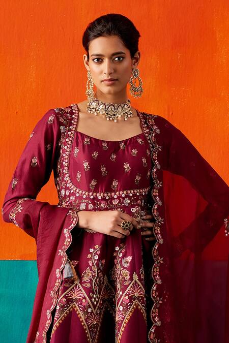 Aman Takyar_Wine Organza, Silk Zari, Sequins, Beads Round Floral Embroidered Anarkali Set _Online_at_Aza_Fashions