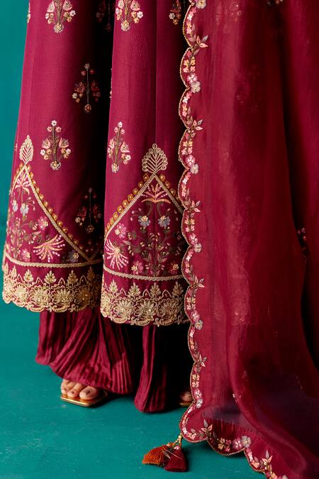 Shop_Aman Takyar_Wine Organza, Silk Zari, Sequins, Beads Round Floral Embroidered Anarkali Set _Online_at_Aza_Fashions