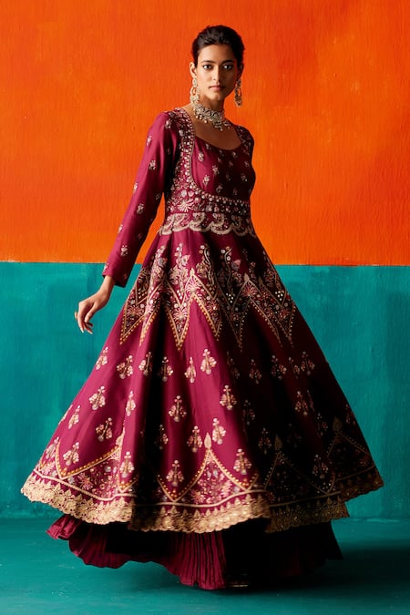 Aman Takyar_Wine Organza, Silk Zari, Sequins, Beads Round Floral Embroidered Anarkali Set _at_Aza_Fashions