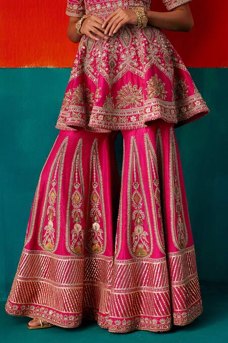 Aman Takyar Fuchsia Organza, Silk Embroidery, Sequins, Floral Peplum Kurta Sharara Set Online at Aza Fashions Aman Takyar_Fuchsia Organza, Silk Embroidery, Sequins, Floral Peplum Kurta Sharara Set _Online_at_Aza_Fashions