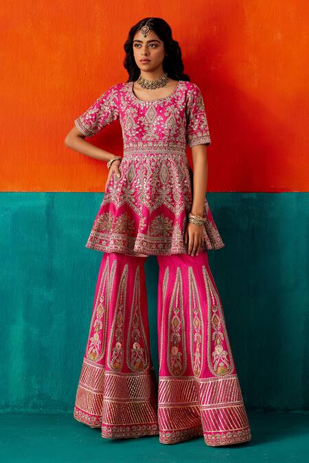 Shop Aman Takyar Fuchsia Organza, Silk Embroidery, Sequins, Floral Peplum Kurta Sharara Set Online at Aza Fashions Shop_Aman Takyar_Fuchsia Organza, Silk Embroidery, Sequins, Floral Peplum Kurta Sharara Set _Online_at_Aza_Fashions