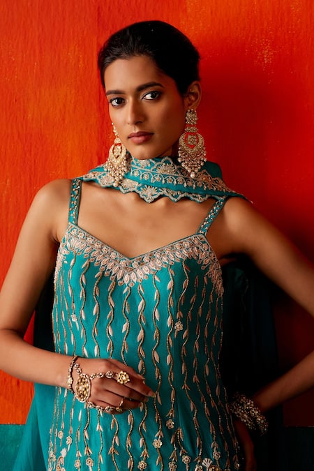 Aman Takyar_Green Organza, Silk Cut Work, Pearls, Sequins, Floral Kurta Sharara Set _Online_at_Aza_Fashions