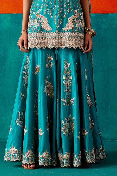 Shop_Aman Takyar_Green Organza, Silk Cut Work, Pearls, Sequins, Floral Kurta Sharara Set _Online_at_Aza_Fashions